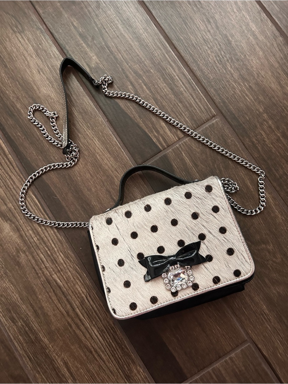 My Flat in London Polka Dot Calf Hair Crossbody Purse in Black & White